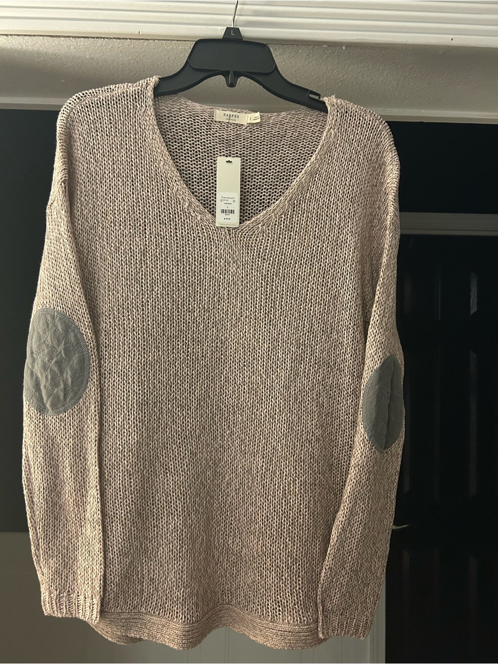Harper Francesca Blush Pink V-Neck Sweater with Gray Elbow Patches